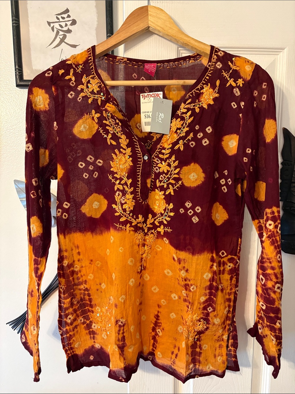 Raj Boho Embroidered Tie-Dye Tunic Top - Burgundy & Orange